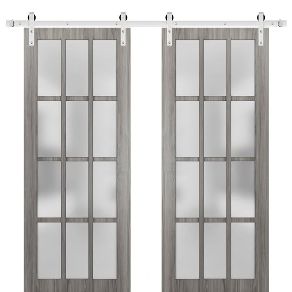 Sartodoors Sturdy Double Barn Door with Frosted Glass 12 Lites, Felicia 3312 Ginger Ash Grey, 13FT Rail Hange FELICIA3312DB-S-GA-72 - main