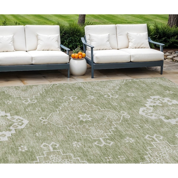 Homeroots 9' X 12' Artichoke Green Beige And Ivory Medallion Washable Indoor Outdoor Area Rug 589024 - main