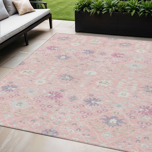 Homeroots 5' X 8' Pink Purple And Gray Oriental Washable Indoor Outdoor Area Rug 598065 - main