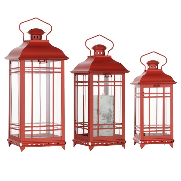 Homeroots Set of Three Red Geometric Glass And Metal Floor Lantern Candle Holders, 3PK 516434 - main