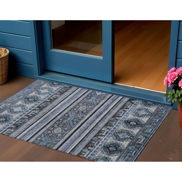 Homeroots 3' X 5' Blue Gray And Charcoal Tribal Washable Indoor Outdoor Area Rug 615398 - main