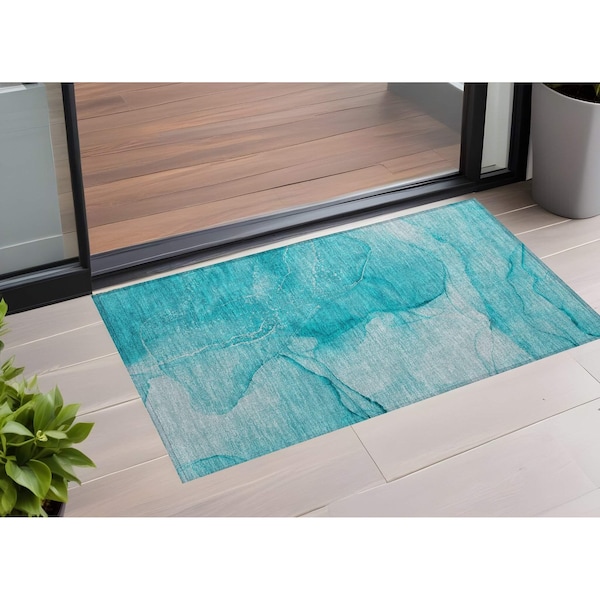 Homeroots 2' X 3' Teal Abstract Washable Non Skid Indoor Outdoor Area Rug 559775 - main