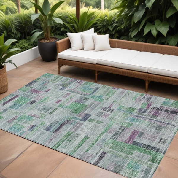 Homeroots 9' X 12' Artichoke Green Charcoal And Purple Striped Washable Indoor Outdoor Area Rug 603513 - main