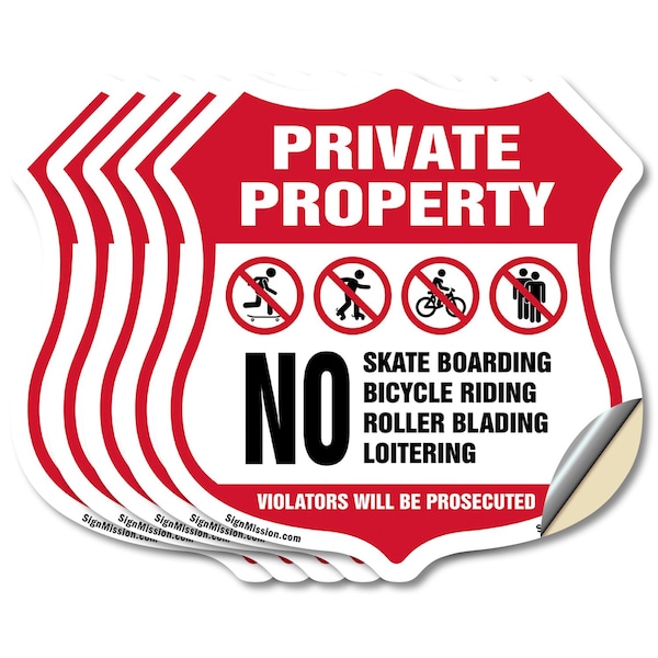Signmission Private Property Shield Sign No Skateboa, 4 inch X 4 inch, Vinyl Decal, 5PK SHI-D-5PACK-4-442 - main