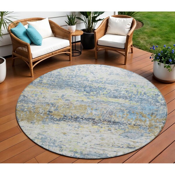 Homeroots 8' Blue Green And Ivory Round Abstract Washable Indoor Outdoor Area Rug 604573 - main