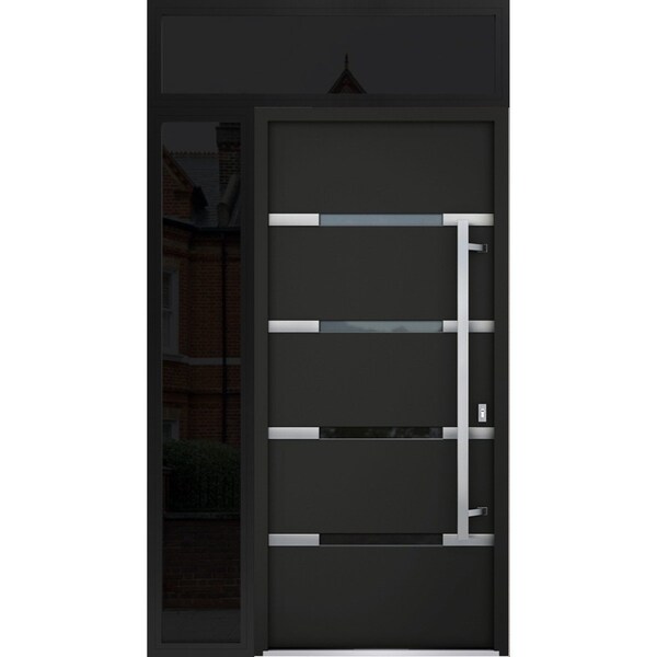 Vdomdoors Steel Door Deux 1105 Black Enamel Sidelight and Transom Window Sidelite Stainless Inserts Entry Doo DEUX1105EXD-BLK-W36+14xH80+16-LH-O - main