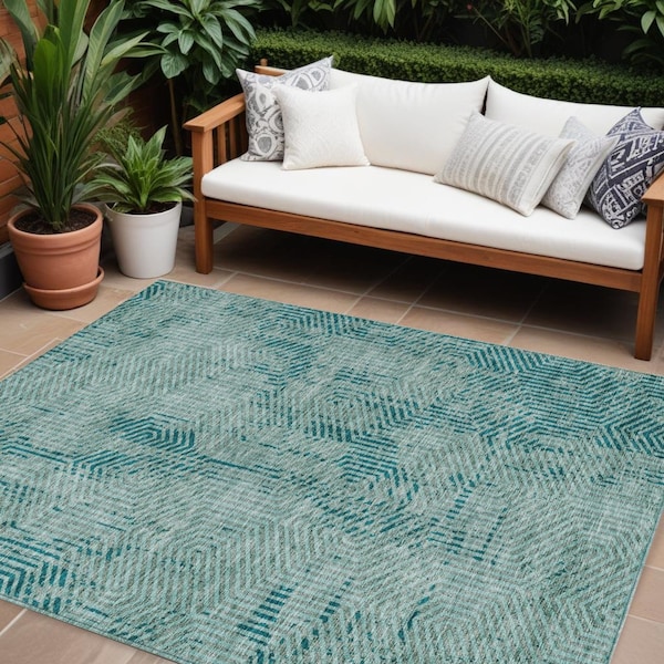 Homeroots 9' X 12' Teal Blue And Gray Geometric Washable Indoor Outdoor Area Rug 594591 - main