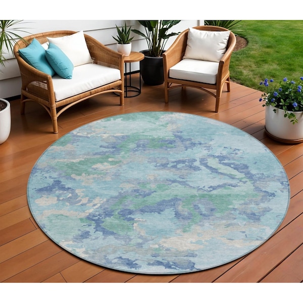 Homeroots 8' Blue And Teal Blue Round Abstract Washable Indoor Outdoor Area Rug 609836 - main