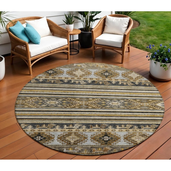 Homeroots 8' Chocolate Taupe And Gold Round Tribal Washable Indoor Outdoor Area Rug 615406 - main