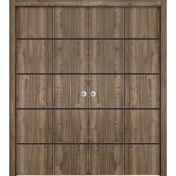 Sartodoors Sliding Closet Double Bi-fold Doors, Planum 0015 Walnut and Aluminum Strips, Sturdy Tracks Moldings PLANUM0015DBF-WLN-72 x 84 (4* 18x84) - main
