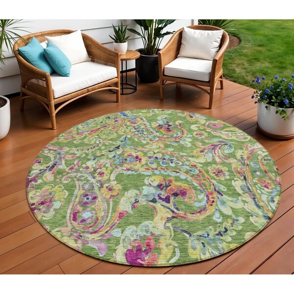 Homeroots 8' Fern Green And Artichoke Green Round Paisley Washable Indoor Outdoor Area Rug 588608 - main