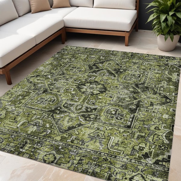 Homeroots 5' X 8' Olive Green and Dark Green Oriental Washable Non Skid Indoor Outdoor Area Rug 563776 - main