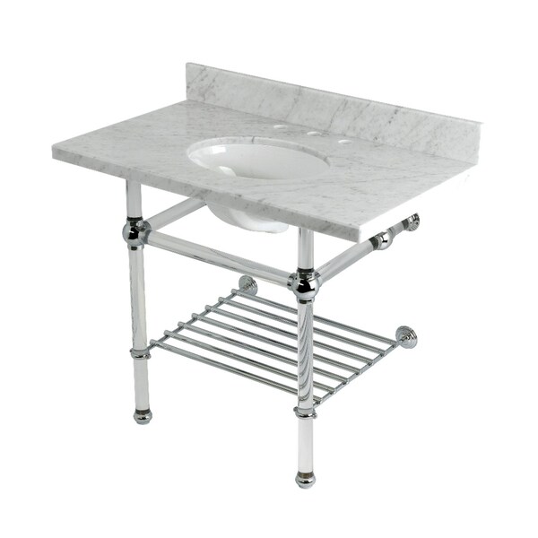 Kingston Brass 36-Inch Carrara Marble Console Sink with Acrylic Legs and Shelf, 8-Inch, 3-Hole KVPB3630MAB1 - main
