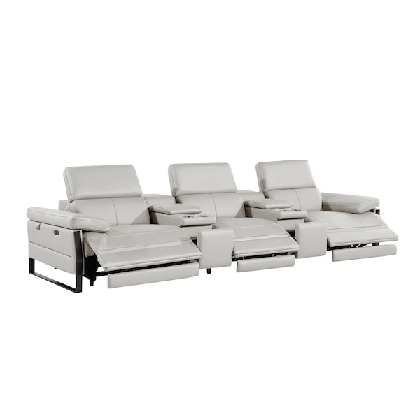 Homeroots 129" Light Gray Top Grain Leather Reclining Metal USB Sofa 720341 - main