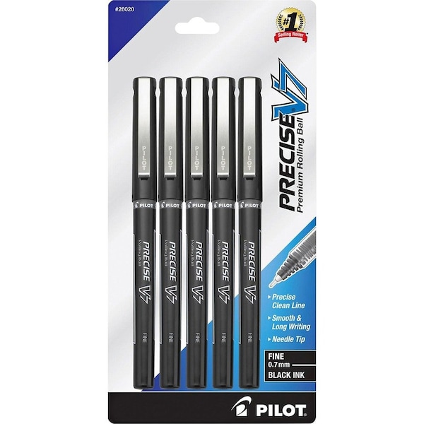 Pilot Precise V7 Rollerball Pen, Non-Refillable, Fine, 0.7mm, Black Ink, 5/Pack 26020 - main