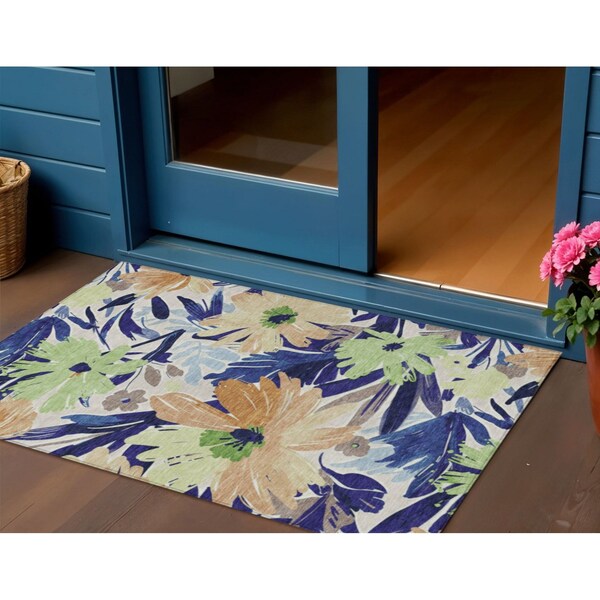 Homeroots 3' X 5' Navy Blue And Beige Floral Washable Indoor Outdoor Area Rug 610986 - main