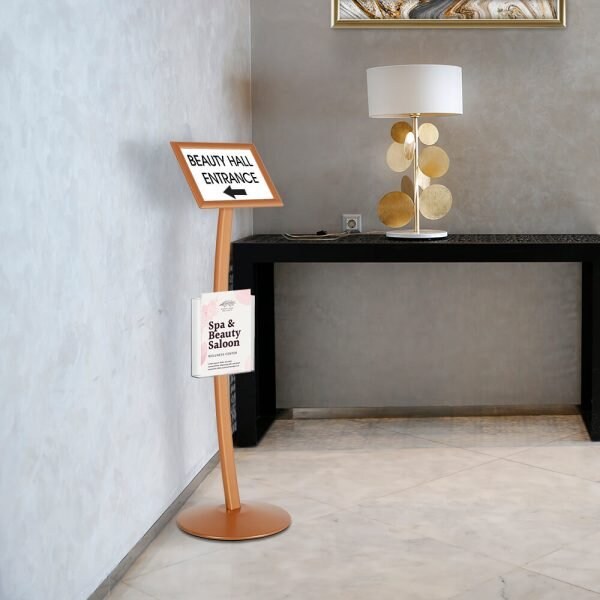 M&T Displays Copper 8.5 x 11 Inch Pedestal Sign Holder with Clear Brochure Holder Menu Board Floor Standing UCUMB11581X9002 - main