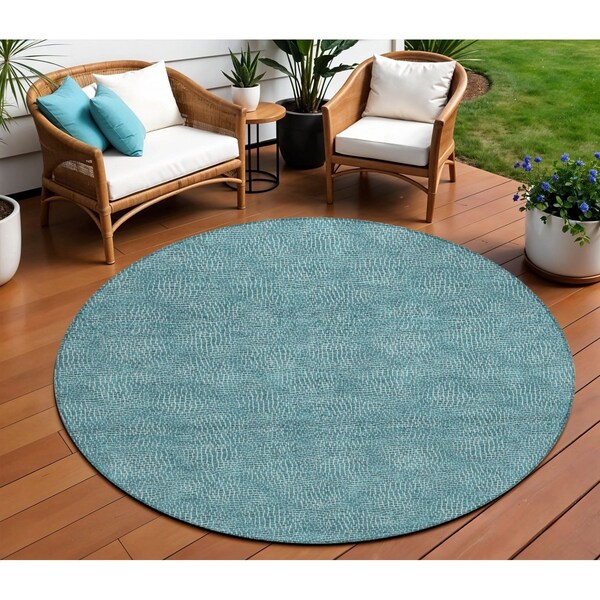 Homeroots 8' Teal Blue And Ivory Round Geometric Washable Indoor Outdoor Area Rug 602397 - main