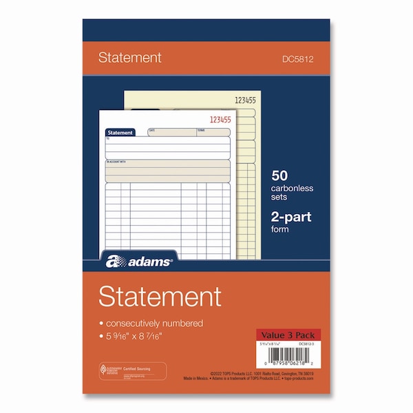 Adams Business Forms Multipart Statement Pad, Two-Part Carbonless, 5.56 x 7.94, 50 Sets/Pad, 3PK DC5812-3 - main