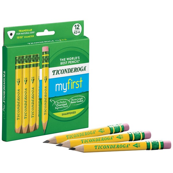 Ticonderoga My First Short Wooden Pencils, Large Triangle Barrel, Sharpened, #2 HB Soft, w/ Eraser, Yellow, 12PK X33012 - main