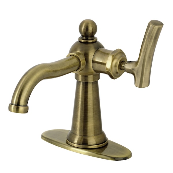 Kingston Brass One-Handle Single-Hole Bathroom Faucet with Deck Plate and Push Pop-Up Drain, Antique Brass KSD3543TKL - main