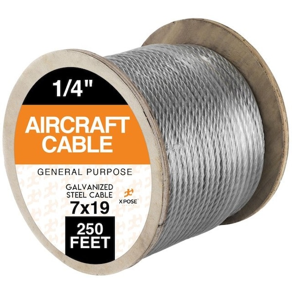 Xpose Safety 7 x 19 Galvanized Steel Aircraft Cable Wire, 1/4, 250' Reel, 7,000 lb Break Strength Rope GAC14-250-X - main