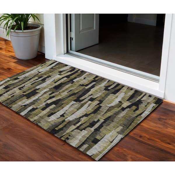 Homeroots 3' X 5' Brown Black And Green Striped Washable Indoor Outdoor Area Rug 603209 - main