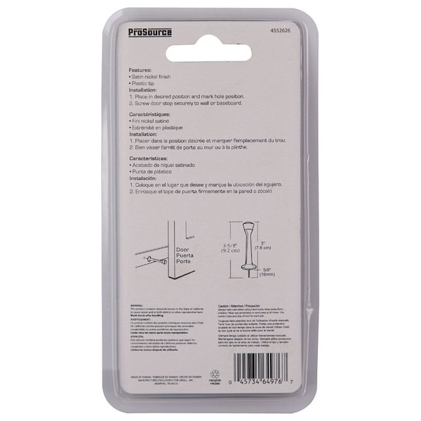 Prosource Heavy-Duty Rigid Door Stop, 1 in Dia Base, 3 in Projection, Die-Cast Zinc & Plastic CL-208C-SN-PS - main