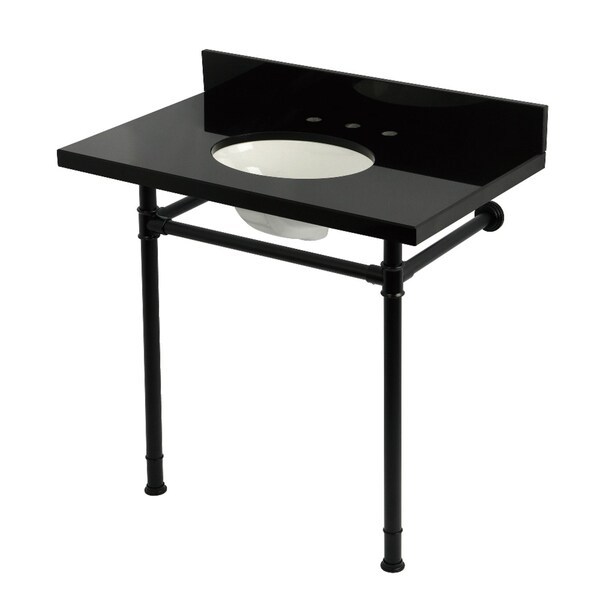 Kingston Brass 36" Black Granite Console Sink with Stainless Steel Legs, 8-Inch, 3-Hole, Black Granite/Matte Black KVPK36228K380 - main