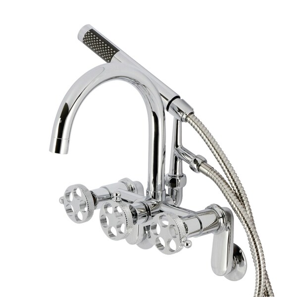 Kingston Brass Three-Handle 2-Hole Adjustable Wall Mount Clawfoot Tub Faucet with Knurled Handle and Hand Shower AE8151RKX - main