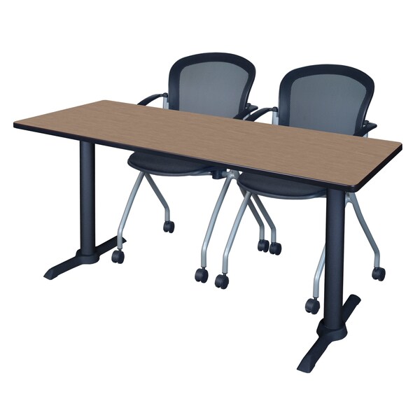 Regency Cain T-Base Training Seminar Table W/ 2 Cadence Stack Chairs, 66 in W, 24 in L, Noble Oak MTRCT6624NO23BK - main
