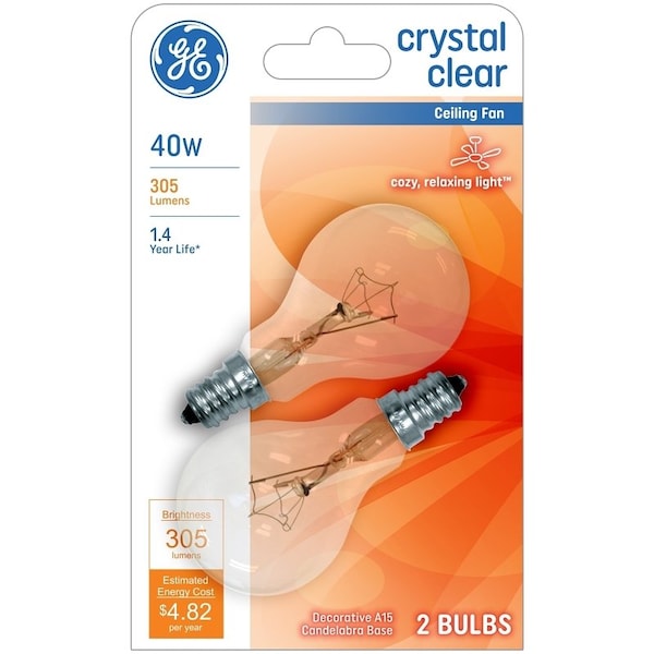 Ge Ceiling Fan Bulb, 40 W, A15 Lamp, E12 Candelabra Lamp Base, 305 Lumens, 2500 K Color Temp, 2PK 71393 - main