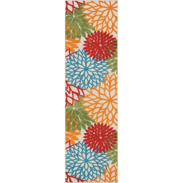 Homeroots 8' Ivory Green Blue Red And Orange Floral Indoor Outdoor Runner Rug 546672 - main