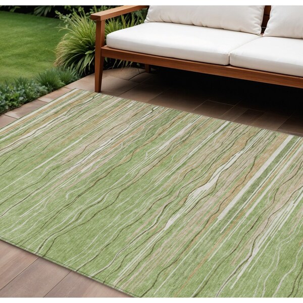 Homeroots 8' X 10' Green Beige And Ivory Striped Washable Indoor Outdoor Area Rug 597238 - main