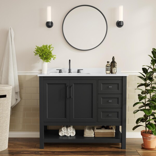 Flash Furniture Vega 42in. Vanity w/Sink, Blk Hardware, Soft Close, Open Shelf & 3 Drawers, Carrara Marble, Blk/Wht FS-VEGA42-BK-HDBLK-GG - main