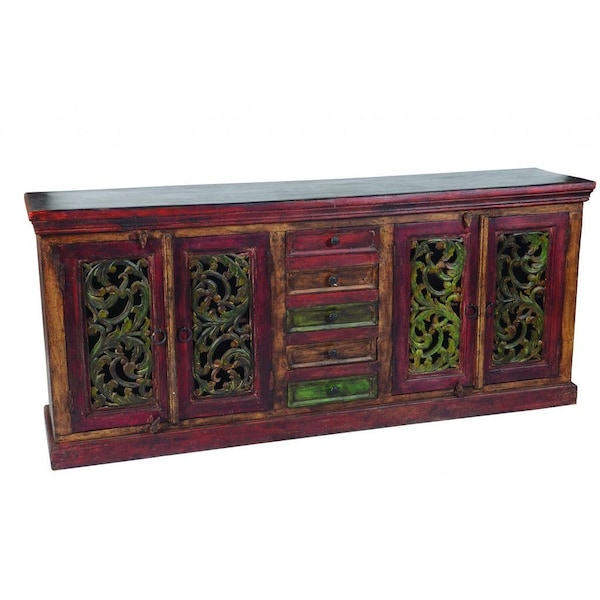 Homeroots 84in Brown Gray and Green Solid Wood Five Drawer Buffet Table with Four Doors 488607 - main