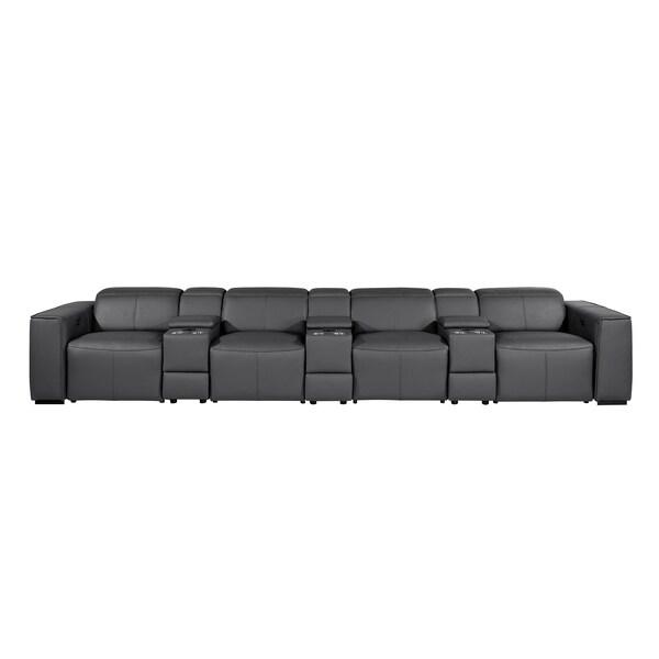 Homeroots 170" Dark Gray Top Grain Leather Reclining Metal USB Sofa 720423 - main
