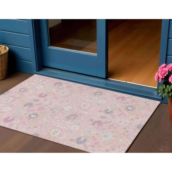 Homeroots 3' X 5' Pink Purple And Gray Oriental Washable Indoor Outdoor Area Rug 598064 - main