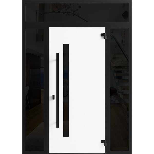 Vdomdoors Front Exterior Prehung Steel Door Ronex0144 Grey 2 Sidelight and Transom Window Sidelite Entry RONEX0144EXD-GRE-W14+36+14 X H80+16-LH-I - main