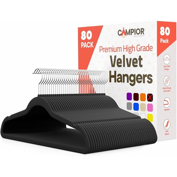 Campior Premium Velvet Non-Slip Hangers, Heavy Duty, 360 Deg Swivel Hook, Black Velvet Finish, 80PK CMPVVH80BK - main