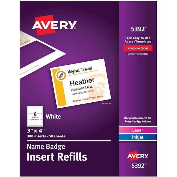 Avery Name Badge Insert Refills, 3" x 4", White, 300 Inserts/Box 5392 - main