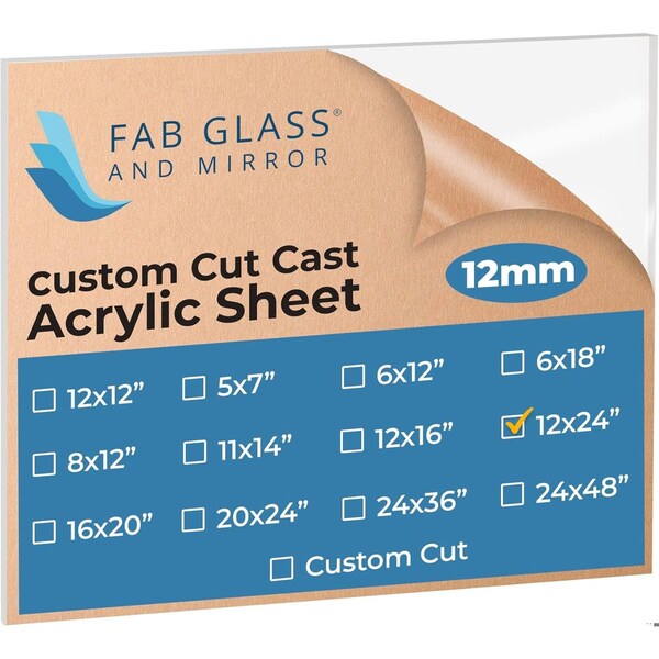Fab Glass And Mirror Acrylic Plexiglass Sheets, Rectangle Clear PET Sheet 12in x 24in x 1/2in with Protective Film... ACR12M12X24RC - main