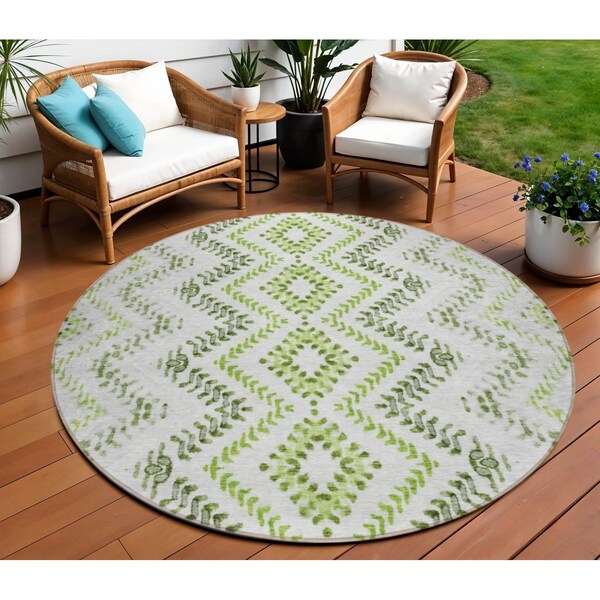 Homeroots 8' Green Ivory And Gray Round Geometric Washable Indoor Outdoor Area Rug 581541 - main