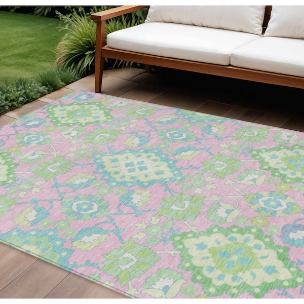 Homeroots 10' X 14' Pink Green And Blue Oriental Washable Indoor Outdoor Area Rug 597709 - main