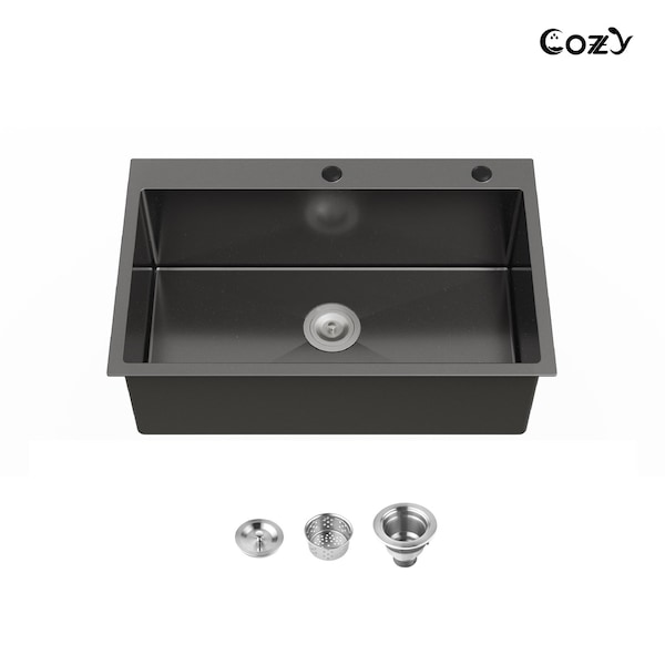 Wrightmaster 30 in. Drop-In Single Bowl 20 Gauge Black Stainless Steel Kitchen Sink with Drain and Hook ZOR-02D301908 - main