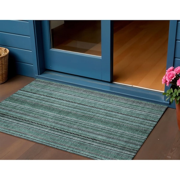Homeroots 3' X 5' Teal Blue Aqua And Gray Striped Washable Indoor Outdoor Area Rug 616388 - main