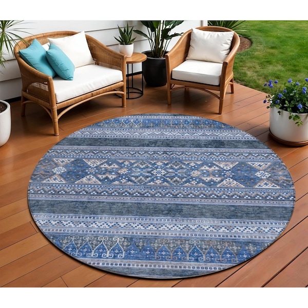 Homeroots 8' Navy Blue And Denim Blue Round Southwestern Washable Indoor Outdoor Area Rug 582832 - main