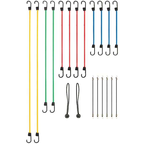 Performance Tool 20 pc. Bungee Cord Assortment, Coated Hooks, UV Resistant, Storage Jar W1890 - main