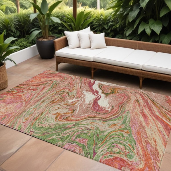 Homeroots 10' X 14' Coral Green And Ivory Abstract Washable Indoor Outdoor Area Rug 602622 - main