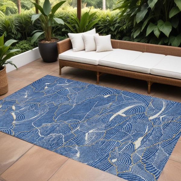 Homeroots 9' X 12' Blue Ivory And Gold Abstract Washable Indoor Outdoor Area Rug 601048 - main